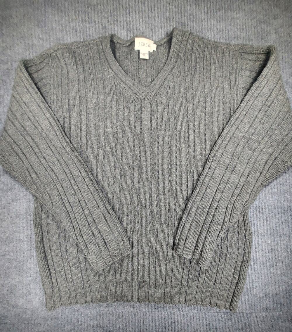 J.Crew Men’s Size L Gray 100% Lambswool Ribbed V-Neck Pullover Sweater Flaw